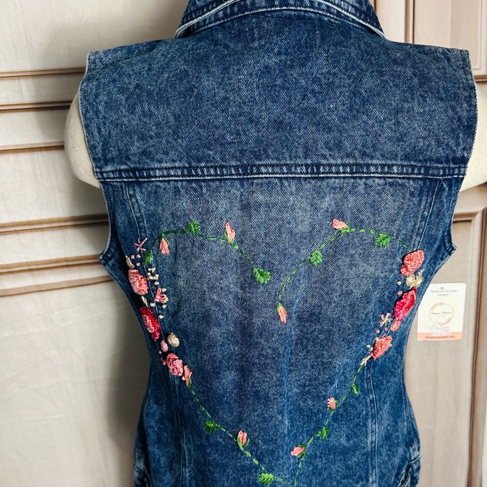 Embroidered Dark Blue Denim Vest with Pink Floral Heart - Picture 9 of 11